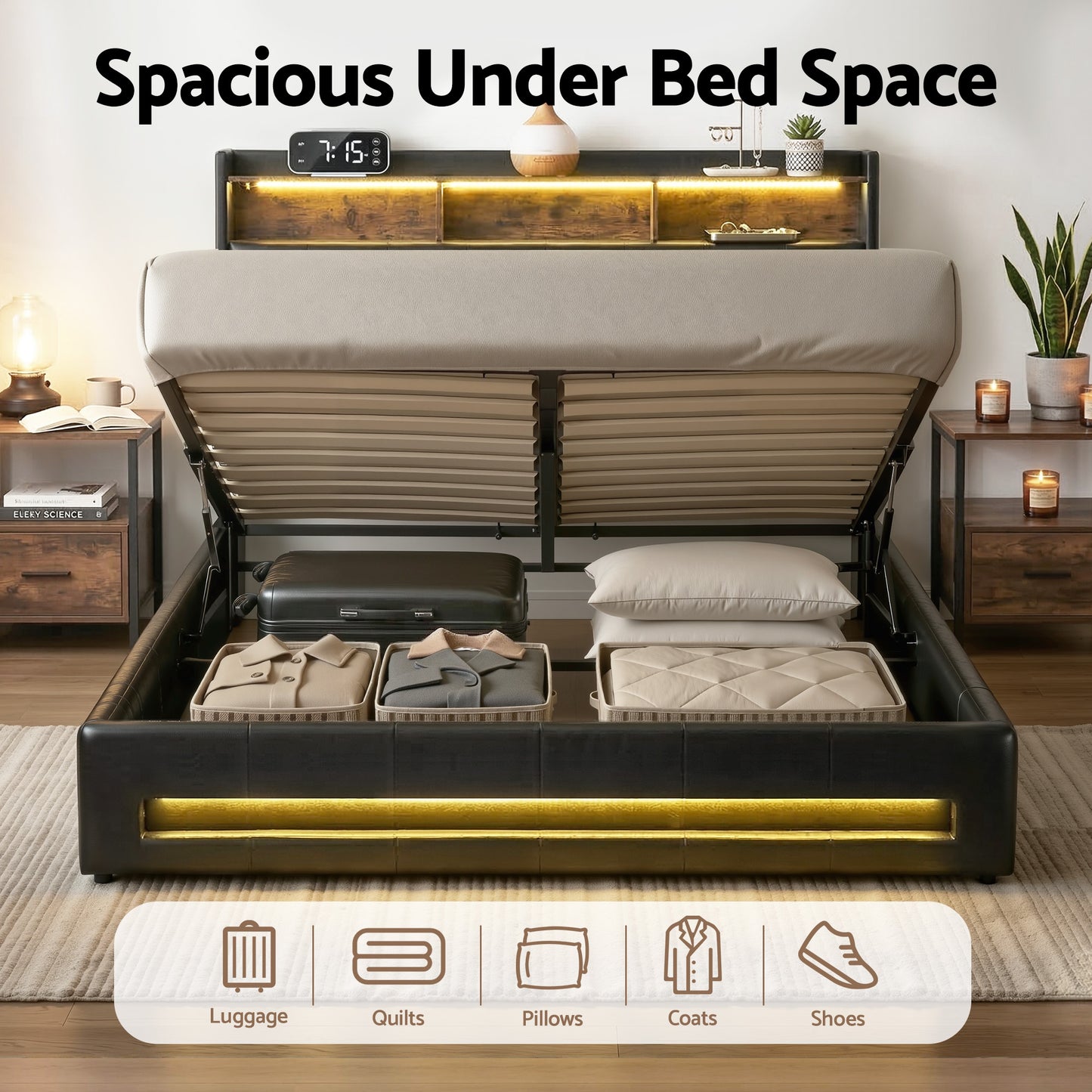 Artiss Double Bed Frame with Gas Lift Storage LED Lights Charging Station Headboard with Open Shelf BFRAME-I-POLA-D-BK-ABC