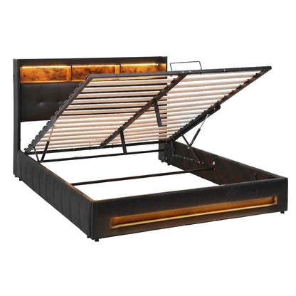 Artiss Double Bed Frame with Gas Lift Storage LED Lights Charging Station Headboard with Open Shelf BFRAME-I-POLA-D-BK-ABC