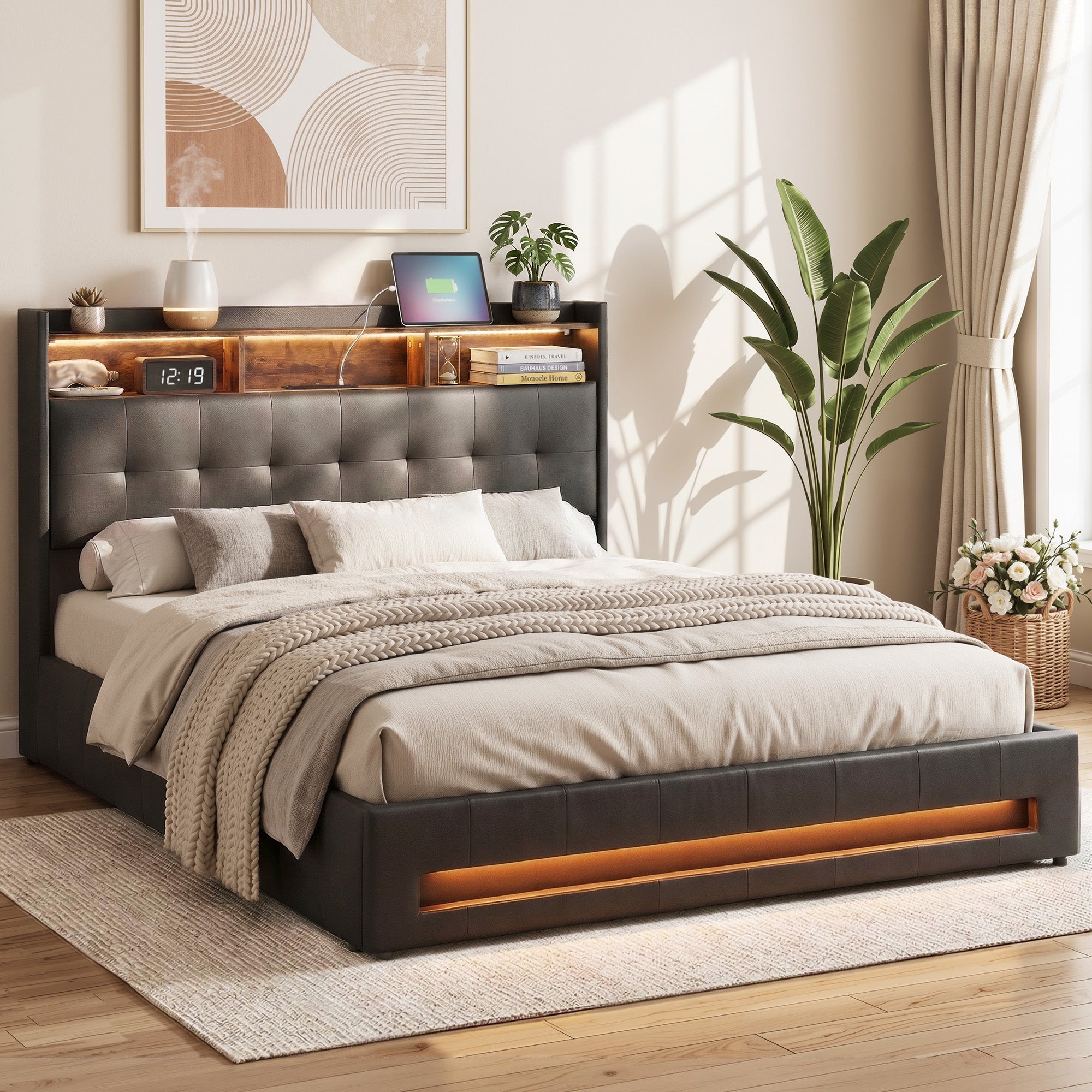 Artiss Queen Bed Frame with Gas Lift Storage LED Lights Charging Station Headboard with Open Shelf BFRAME-I-POLA-Q-BK-ABC