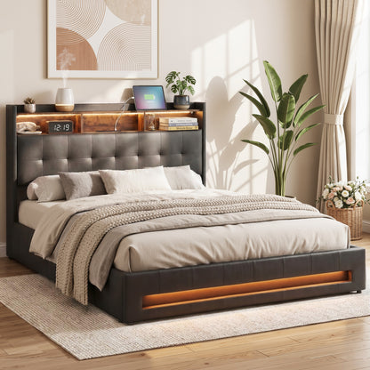 Artiss Queen Bed Frame with Gas Lift Storage LED Lights Charging Station Headboard with Open Shelf BFRAME-I-POLA-Q-BK-ABC