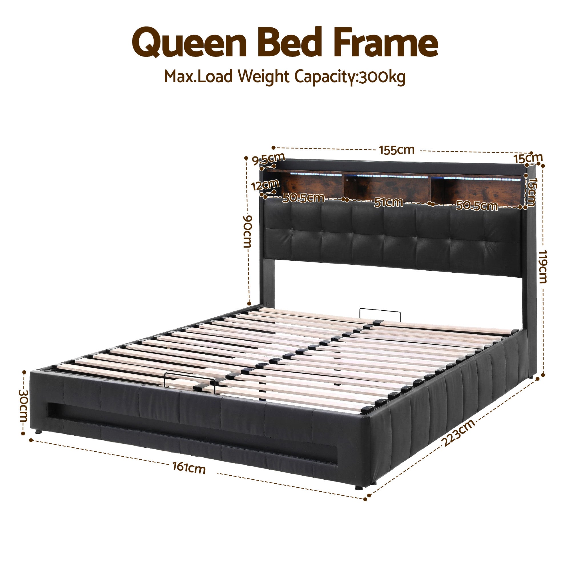 Artiss Queen Bed Frame with Gas Lift Storage LED Lights Charging Station Headboard with Open Shelf BFRAME-I-POLA-Q-BK-ABC