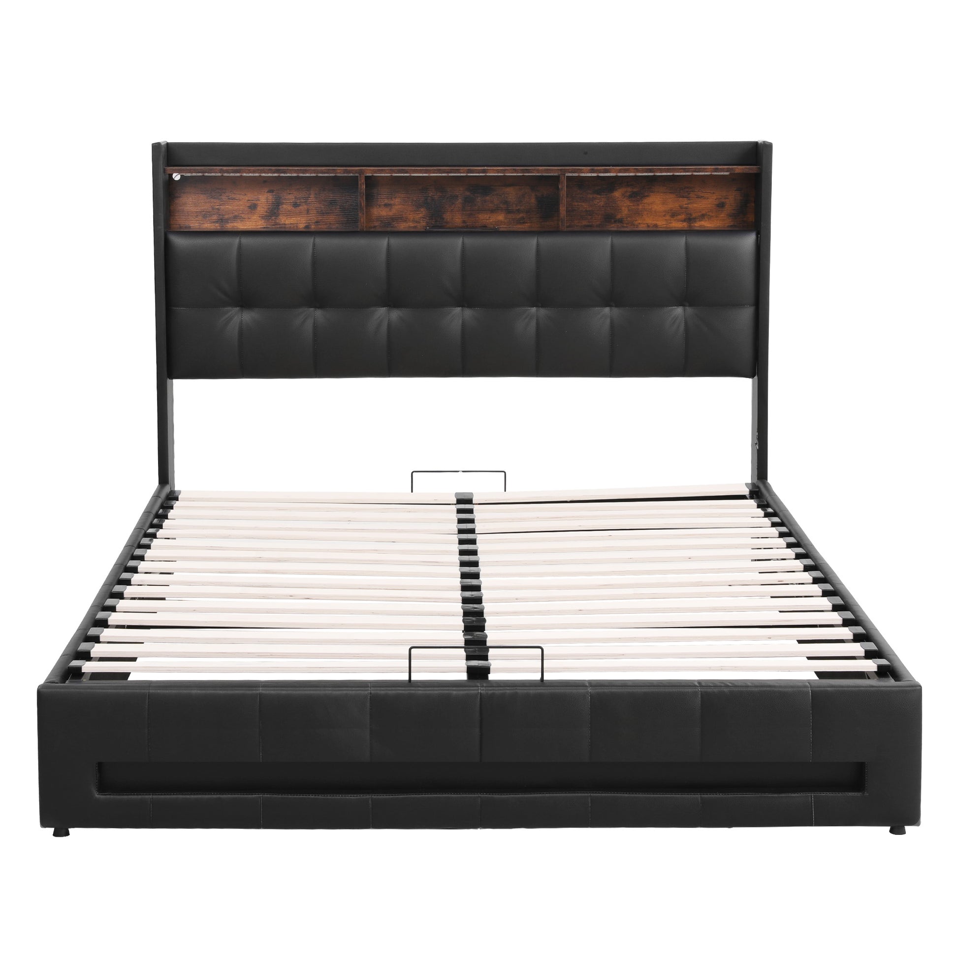 Artiss Queen Bed Frame with Gas Lift Storage LED Lights Charging Station Headboard with Open Shelf BFRAME-I-POLA-Q-BK-ABC