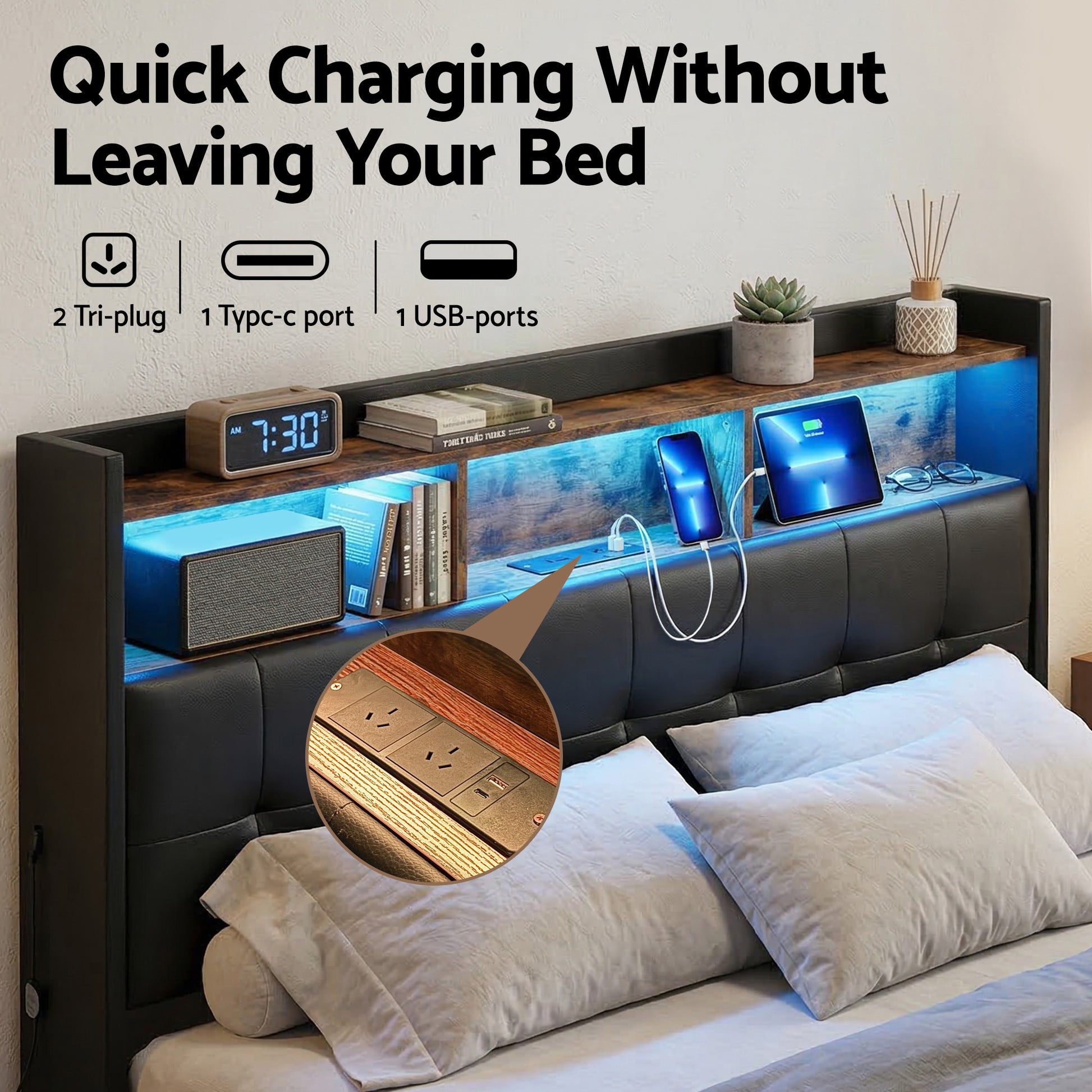 Artiss Queen Bed Frame with Gas Lift Storage LED Lights Charging Station Headboard with Open Shelf BFRAME-I-POLA-Q-BK-ABC