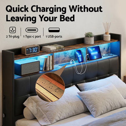 Artiss Queen Bed Frame with Gas Lift Storage LED Lights Charging Station Headboard with Open Shelf BFRAME-I-POLA-Q-BK-ABC