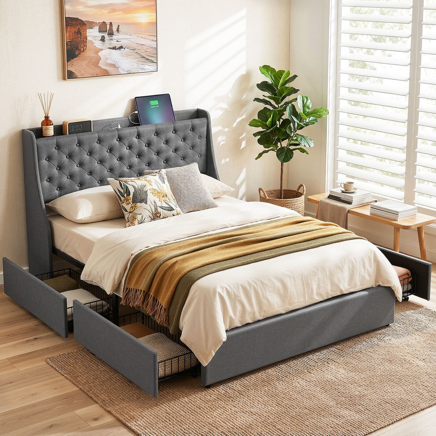 Artiss Double Bed Frame with 4 Storage Drawers and Charging Station Tufted Wingback Headboard 300kg Loads BFRAME-J-CORTIS-D-CA-AB