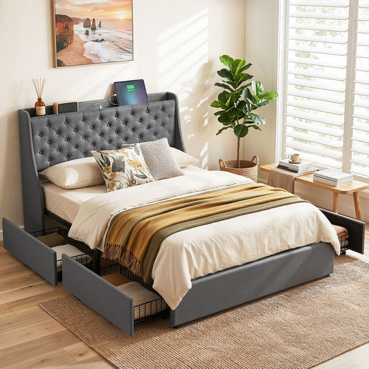 Artiss Double Bed Frame with 4 Storage Drawers and Charging Station Tufted Wingback Headboard 300kg Loads BFRAME-J-CORTIS-D-CA-AB