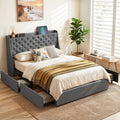 Artiss Double Bed Frame with 4 Storage Drawers and Charging Station Tufted Wingback Headboard 300kg Loads Charcoal Grey