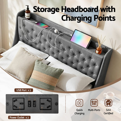 Artiss Double Bed Frame with 4 Storage Drawers and Charging Station Tufted Wingback Headboard 300kg Loads BFRAME-J-CORTIS-D-CA-AB