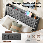 Artiss Double Bed Frame with 4 Storage Drawers and Charging Station Tufted Wingback Headboard 300kg Loads Charcoal Grey