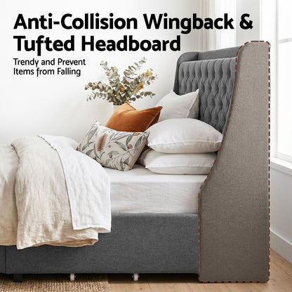 Artiss Double Bed Frame with 4 Storage Drawers and Charging Station Tufted Wingback Headboard 300kg Loads BFRAME-J-CORTIS-D-CA-AB