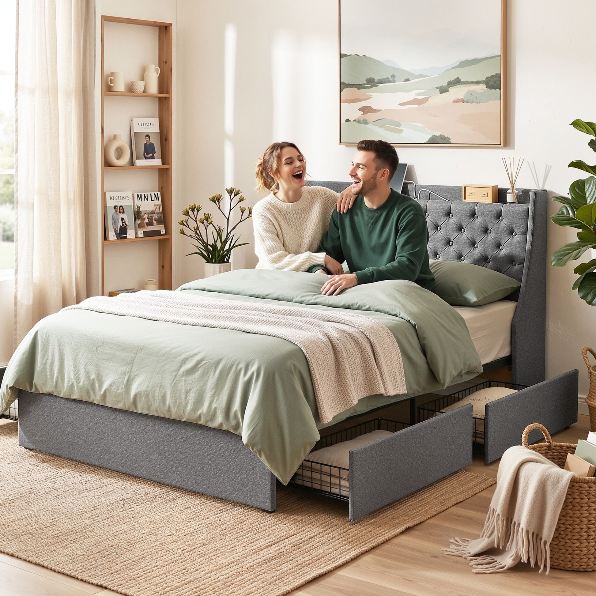 Artiss Double Bed Frame with 4 Storage Drawers and Charging Station Tufted Wingback Headboard 300kg Loads BFRAME-J-CORTIS-D-CA-AB