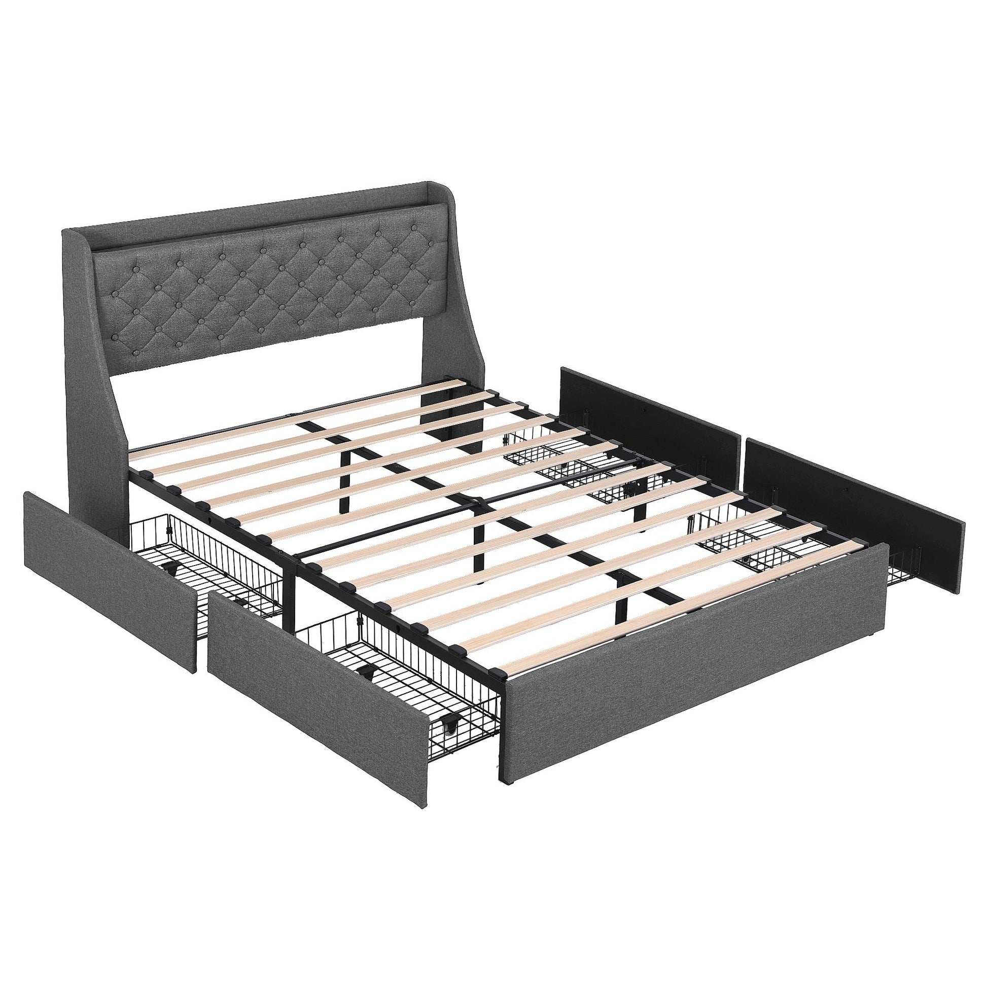 Artiss Double Bed Frame with 4 Storage Drawers and Charging Station Tufted Wingback Headboard 300kg Loads BFRAME-J-CORTIS-D-CA-AB