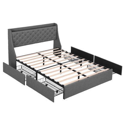 Artiss Double Bed Frame with 4 Storage Drawers and Charging Station Tufted Wingback Headboard 300kg Loads BFRAME-J-CORTIS-D-CA-AB