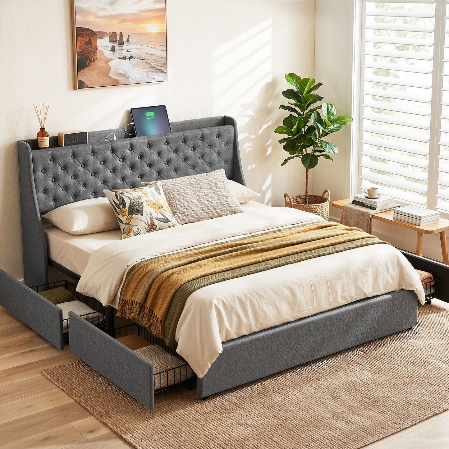 Artiss King Bed Frame with 4 Storage Drawers and Charging Station Tufted Wingback Headboard 300kg Loads BFRAME-J-CORTIS-K-CA-AB
