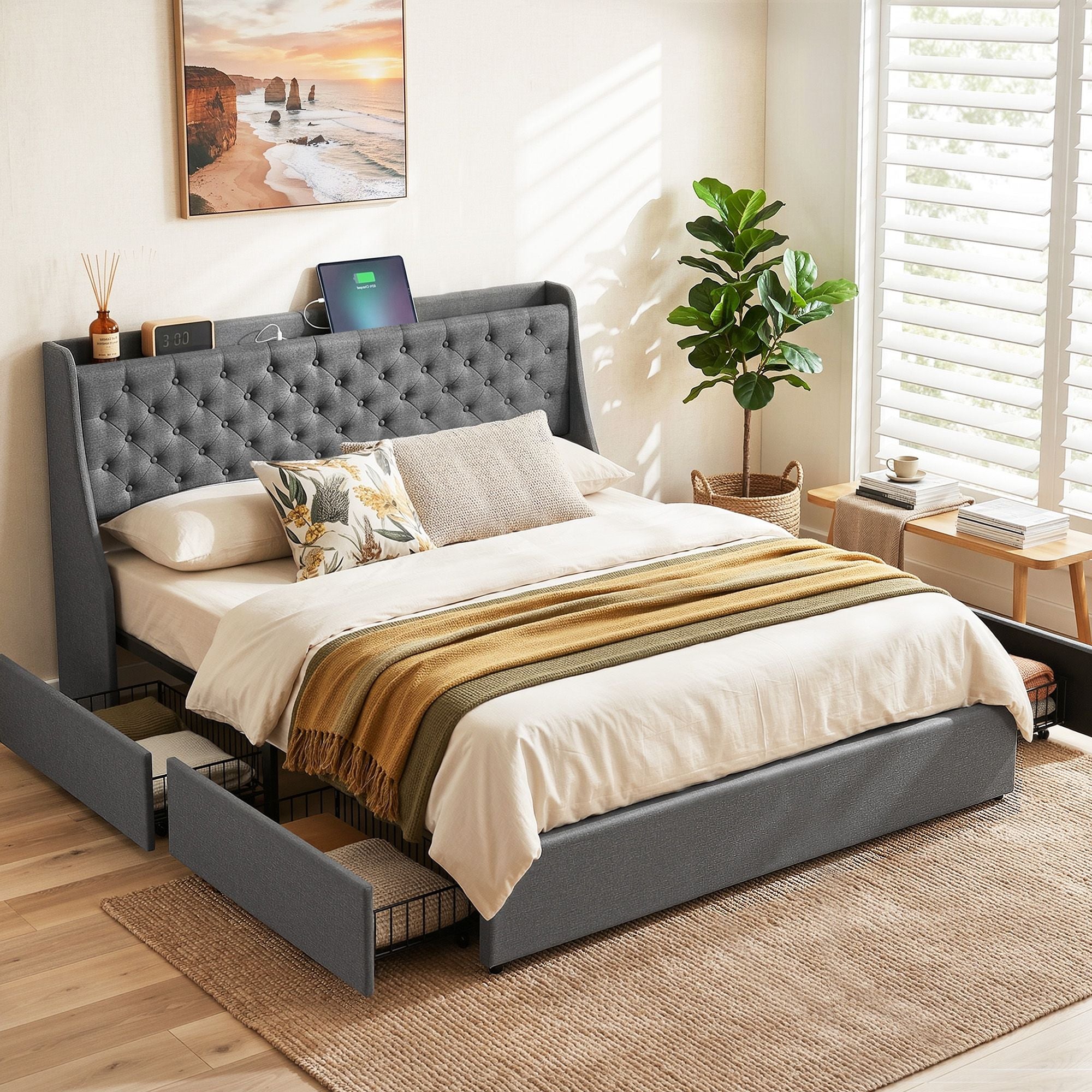 Artiss King Bed Frame with 4 Storage Drawers and Charging Station Tufted Wingback Headboard 300kg Loads BFRAME-J-CORTIS-K-CA-AB
