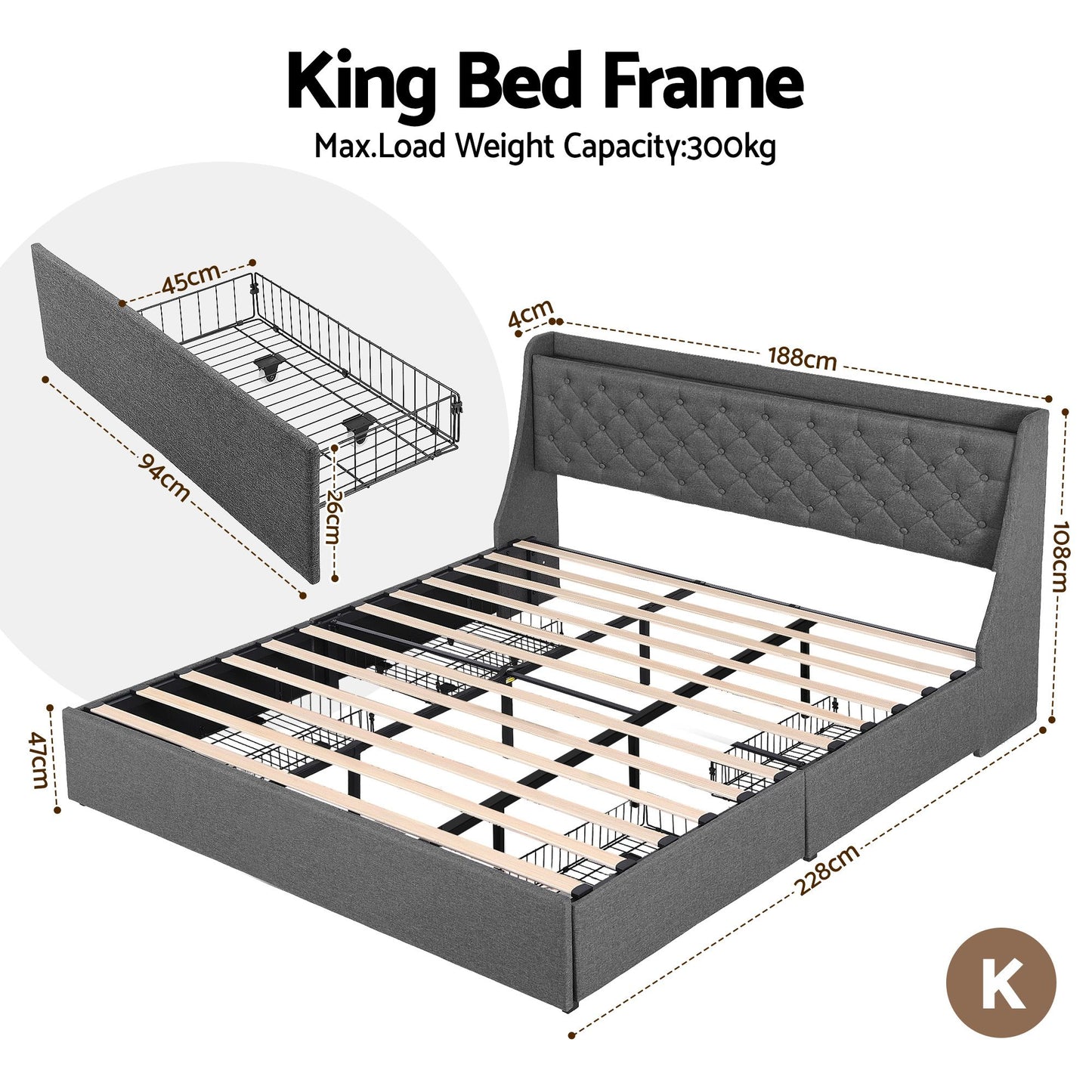 Artiss King Bed Frame with 4 Storage Drawers and Charging Station Tufted Wingback Headboard 300kg Loads BFRAME-J-CORTIS-K-CA-AB