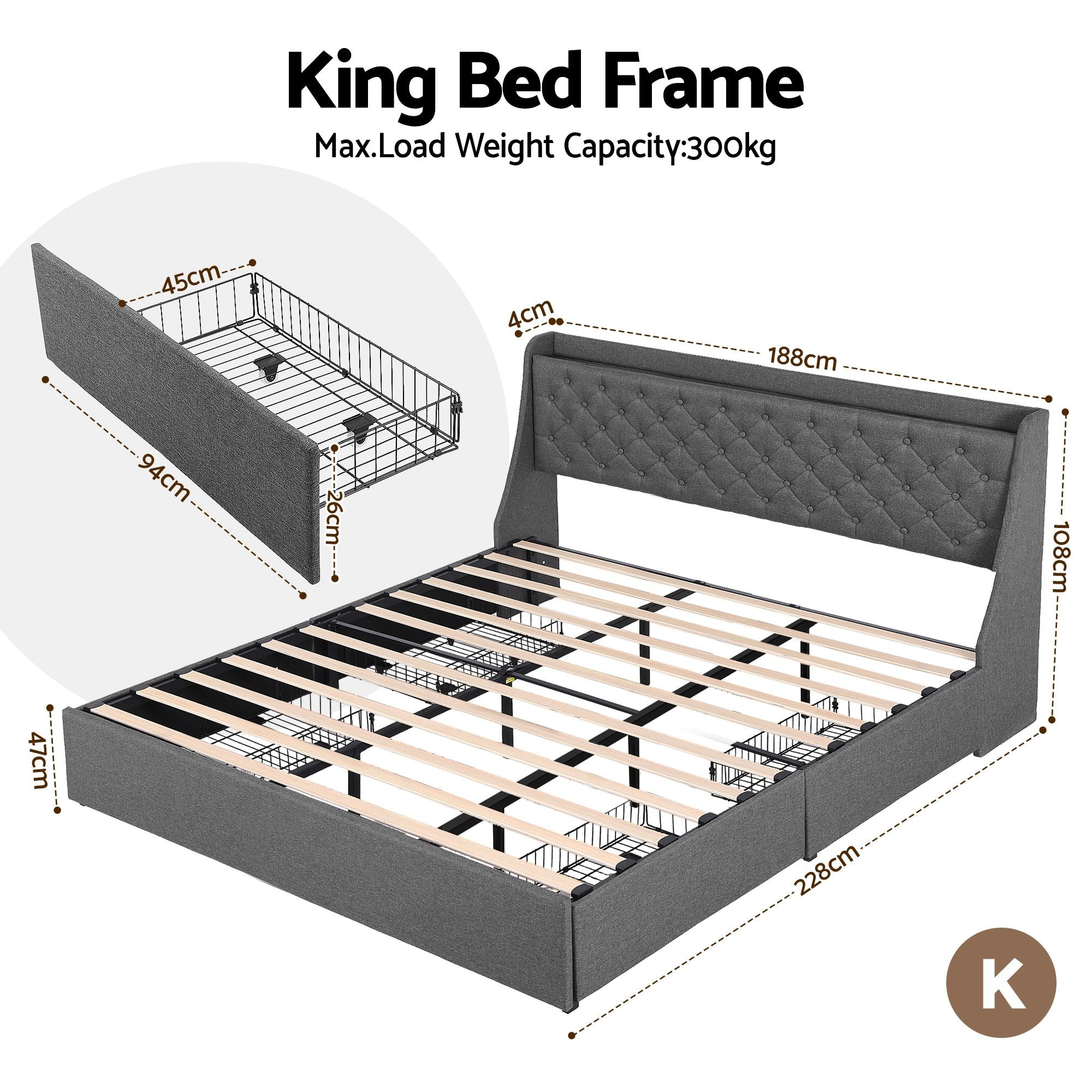 Artiss King Bed Frame with 4 Storage Drawers and Charging Station Tufted Wingback Headboard 300kg Loads BFRAME-J-CORTIS-K-CA-AB