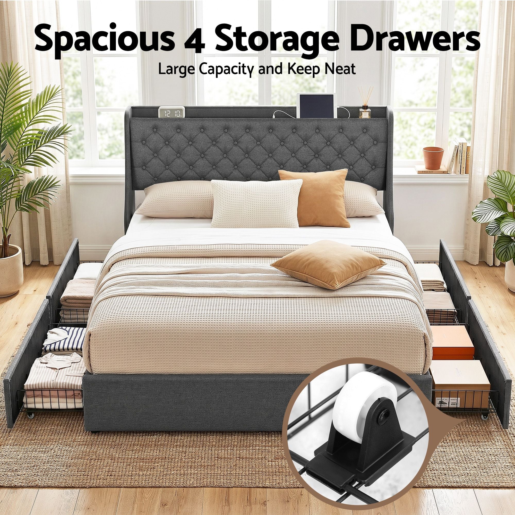 Artiss King Bed Frame with 4 Storage Drawers and Charging Station Tufted Wingback Headboard 300kg Loads BFRAME-J-CORTIS-K-CA-AB