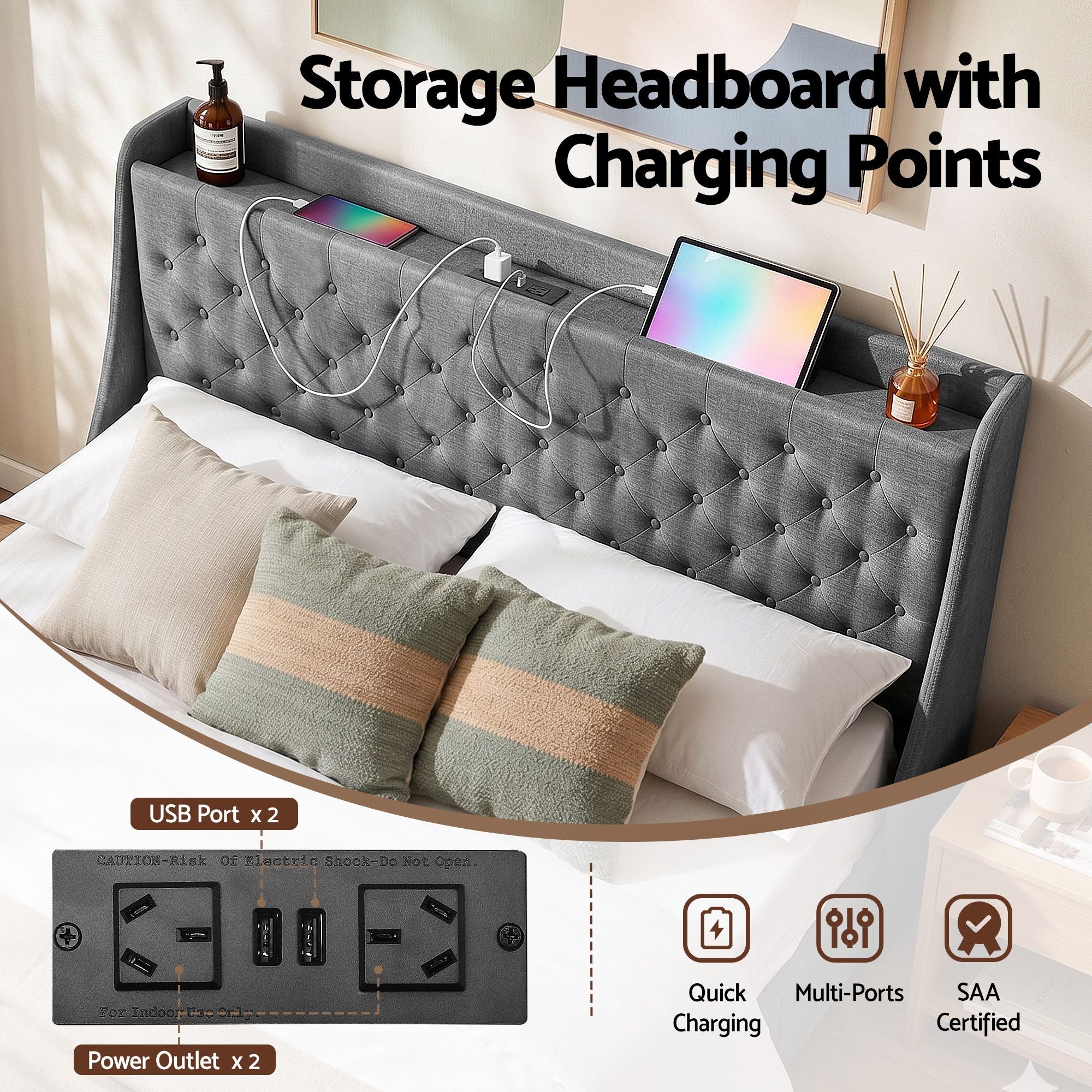 Artiss King Bed Frame with 4 Storage Drawers and Charging Station Tufted Wingback Headboard 300kg Loads BFRAME-J-CORTIS-K-CA-AB