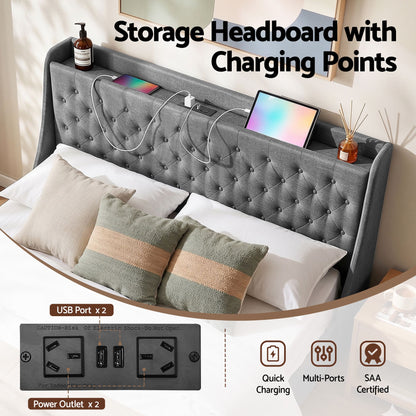 Artiss King Bed Frame with 4 Storage Drawers and Charging Station Tufted Wingback Headboard 300kg Loads BFRAME-J-CORTIS-K-CA-AB