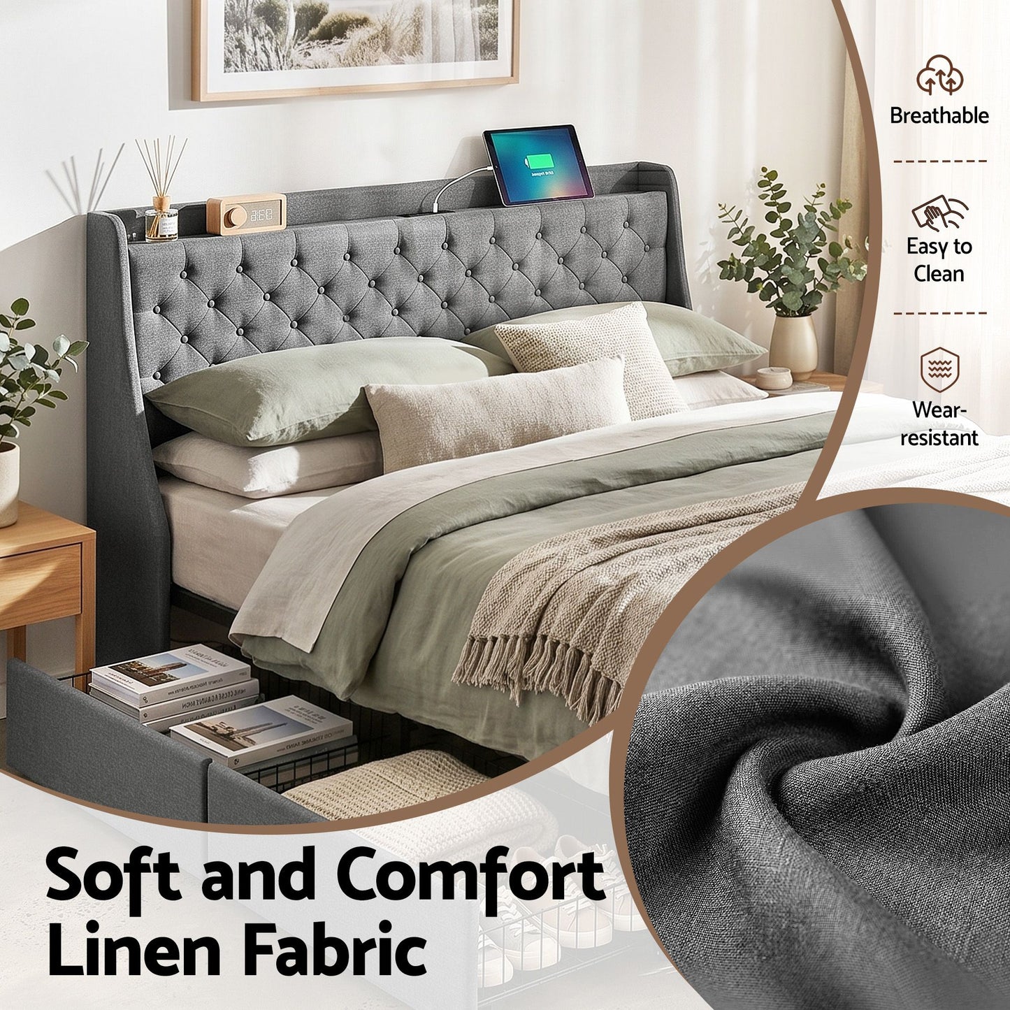 Artiss King Bed Frame with 4 Storage Drawers and Charging Station Tufted Wingback Headboard 300kg Loads BFRAME-J-CORTIS-K-CA-AB