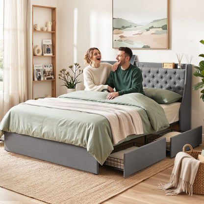 Artiss King Bed Frame with 4 Storage Drawers and Charging Station Tufted Wingback Headboard 300kg Loads BFRAME-J-CORTIS-K-CA-AB