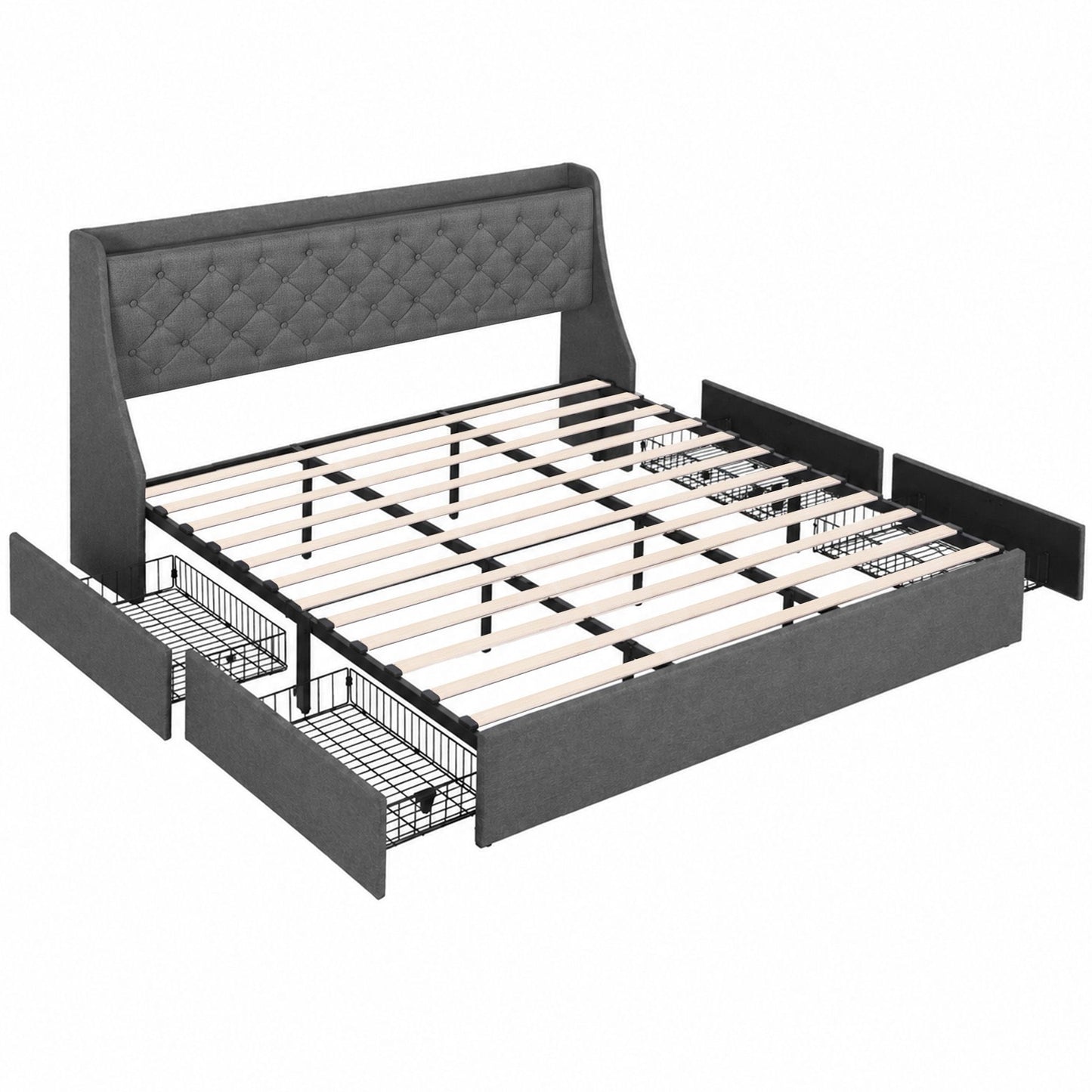 Artiss King Bed Frame with 4 Storage Drawers and Charging Station Tufted Wingback Headboard 300kg Loads BFRAME-J-CORTIS-K-CA-AB