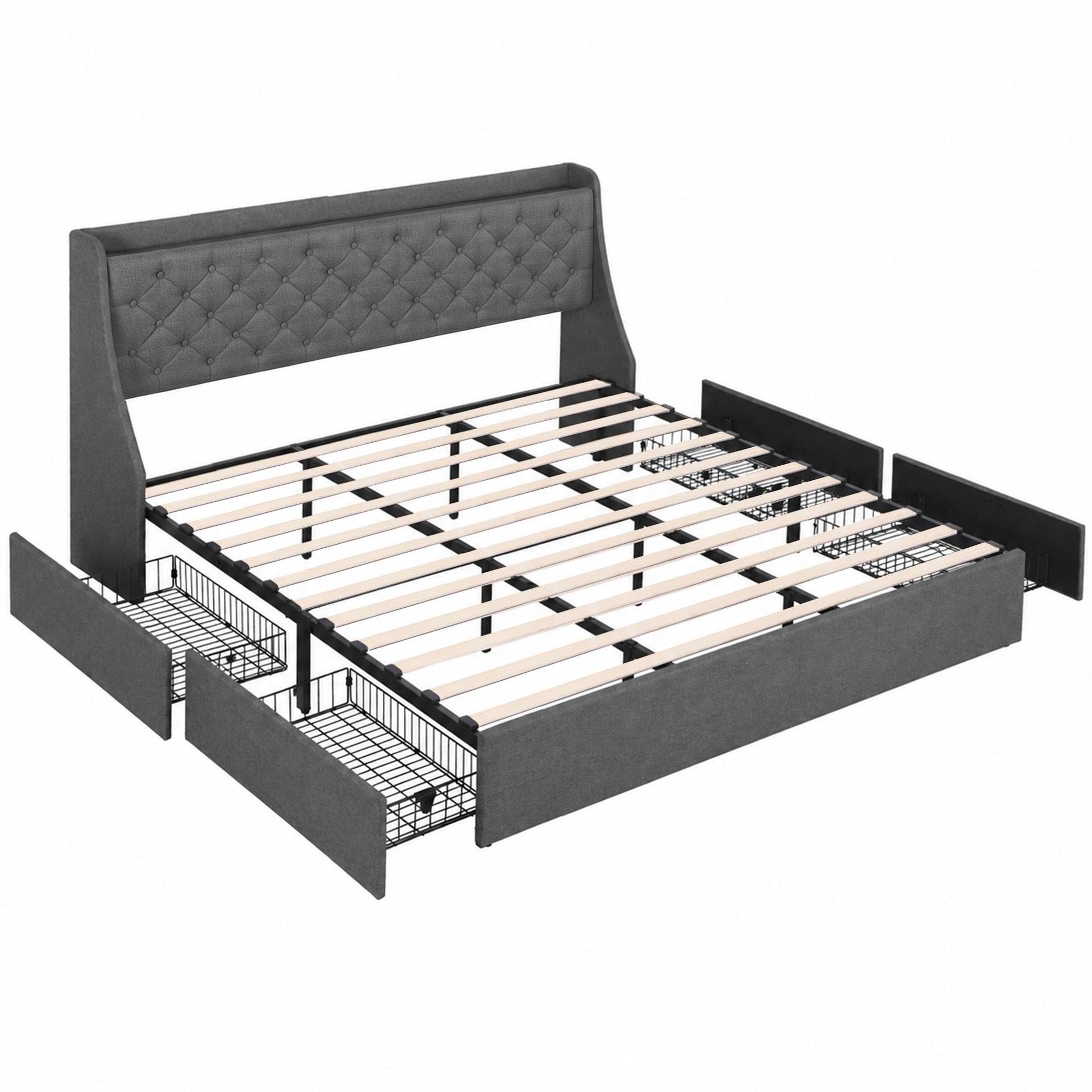 Artiss King Bed Frame with 4 Storage Drawers and Charging Station Tufted Wingback Headboard 300kg Loads BFRAME-J-CORTIS-K-CA-AB