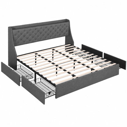 Artiss King Bed Frame with 4 Storage Drawers and Charging Station Tufted Wingback Headboard 300kg Loads BFRAME-J-CORTIS-K-CA-AB