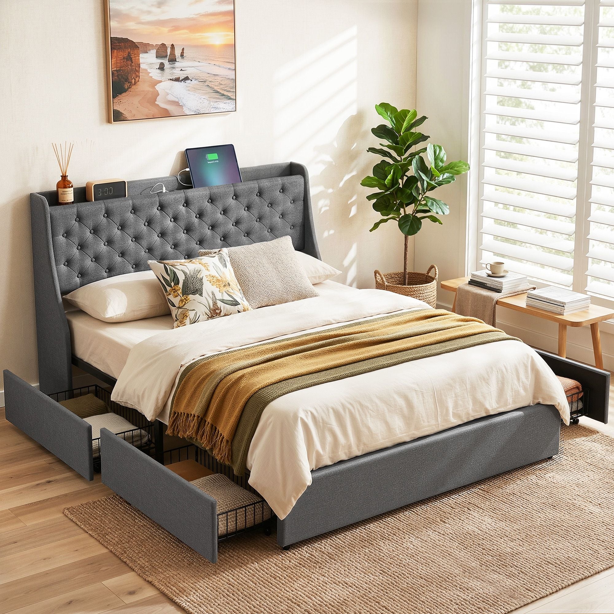 Artiss Queen Bed Frame with 4 Storage Drawers and Charging Station Tufted Wingback Headboard 300kg Loads BFRAME-J-CORTIS-Q-CA-AB