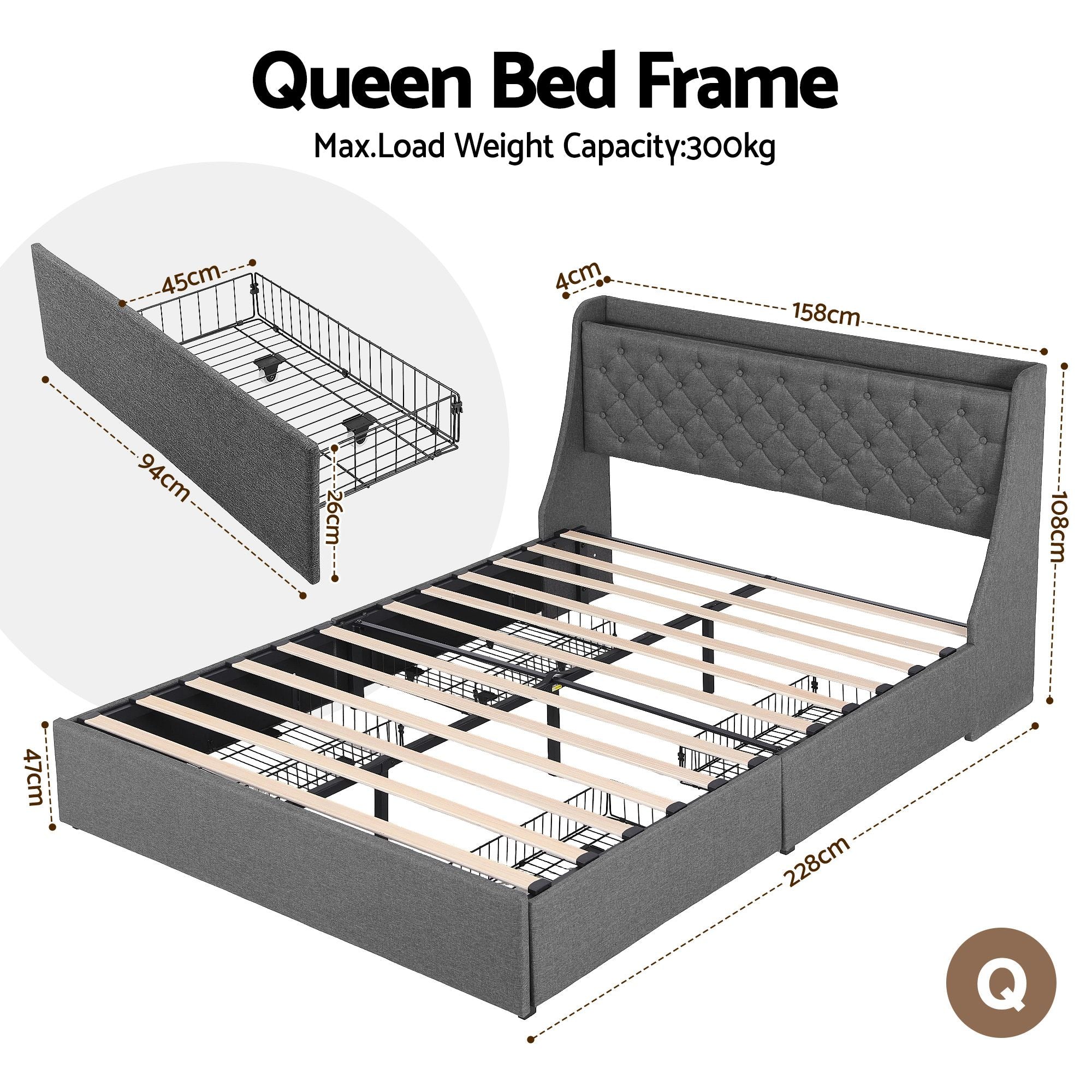 Artiss Queen Bed Frame with 4 Storage Drawers and Charging Station Tufted Wingback Headboard 300kg Loads BFRAME-J-CORTIS-Q-CA-AB