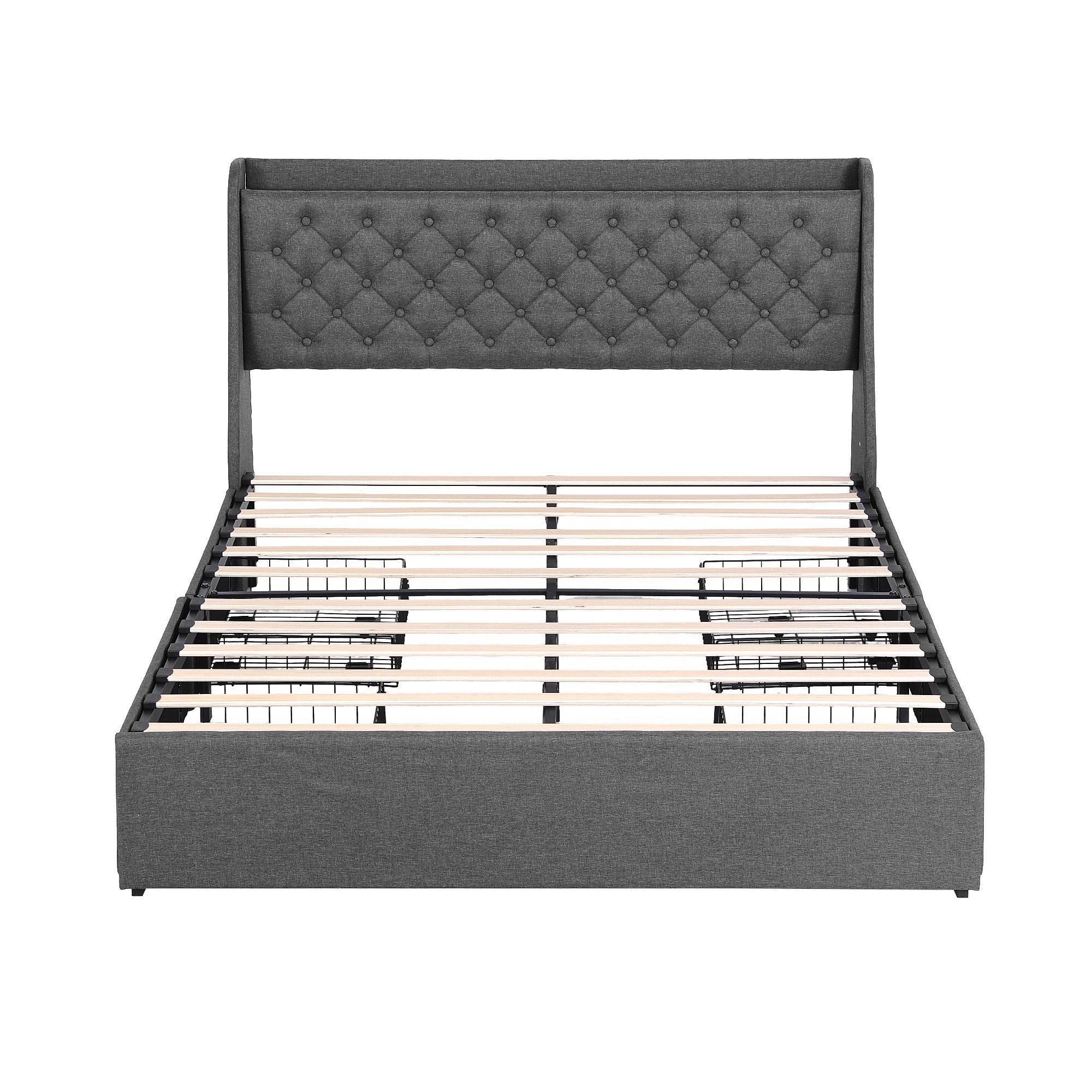 Artiss Queen Bed Frame with 4 Storage Drawers and Charging Station Tufted Wingback Headboard 300kg Loads BFRAME-J-CORTIS-Q-CA-AB