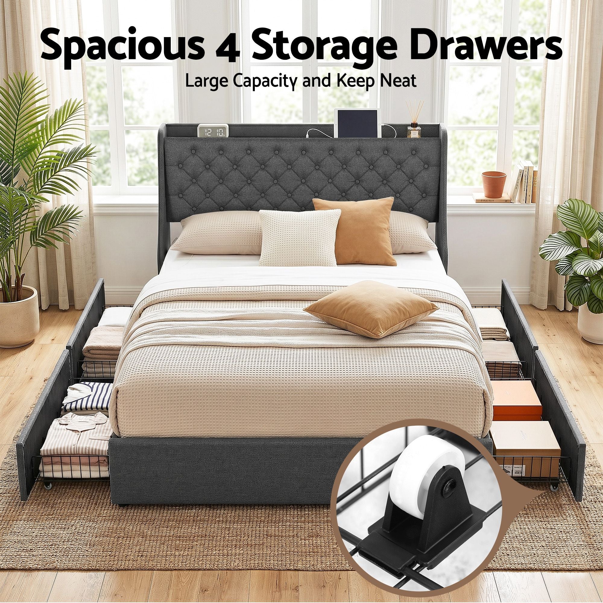 Artiss Queen Bed Frame with 4 Storage Drawers and Charging Station Tufted Wingback Headboard 300kg Loads BFRAME-J-CORTIS-Q-CA-AB