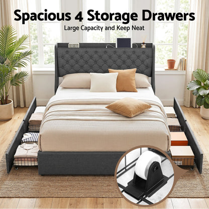 Artiss Queen Bed Frame with 4 Storage Drawers and Charging Station Tufted Wingback Headboard 300kg Loads BFRAME-J-CORTIS-Q-CA-AB