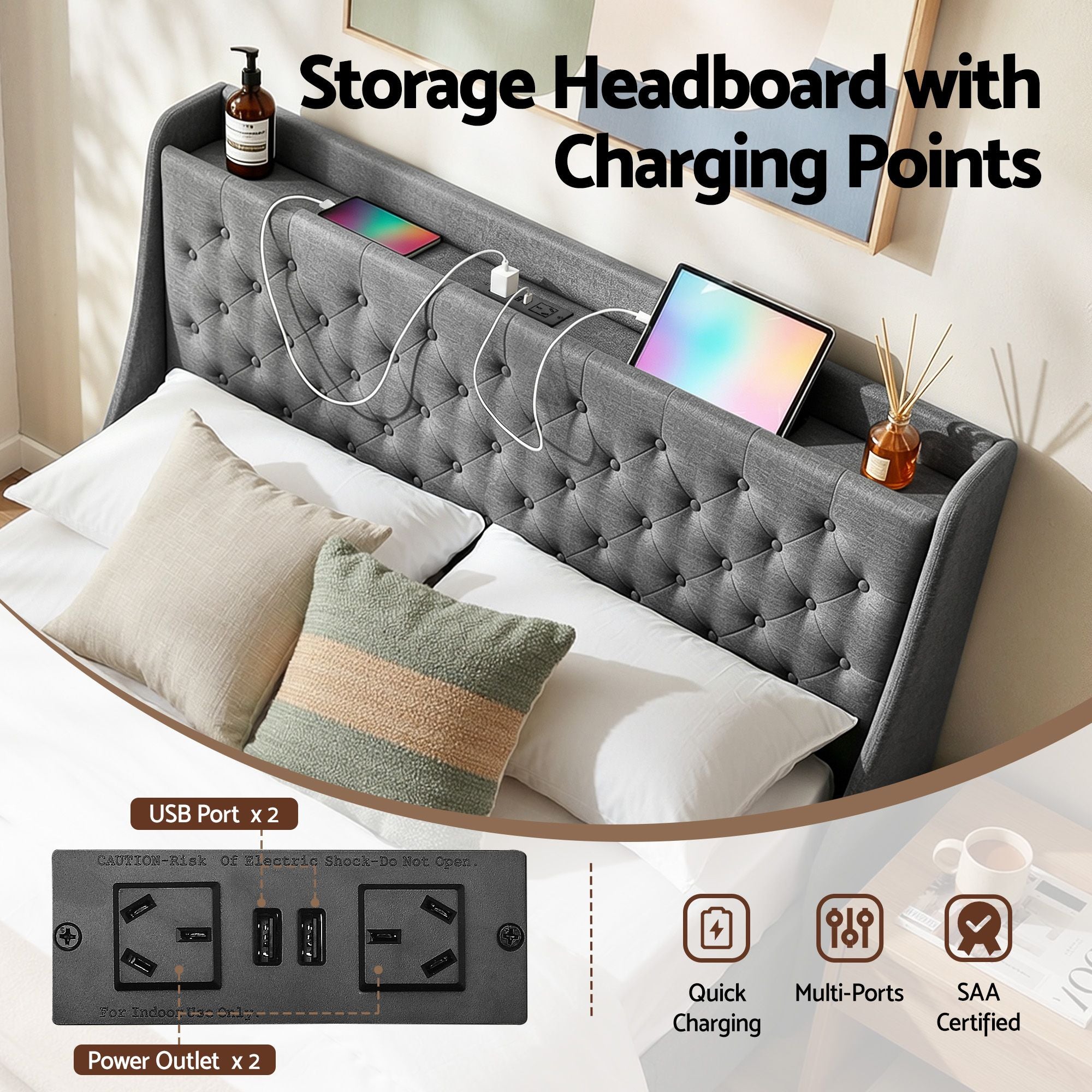 Artiss Queen Bed Frame with 4 Storage Drawers and Charging Station Tufted Wingback Headboard 300kg Loads BFRAME-J-CORTIS-Q-CA-AB