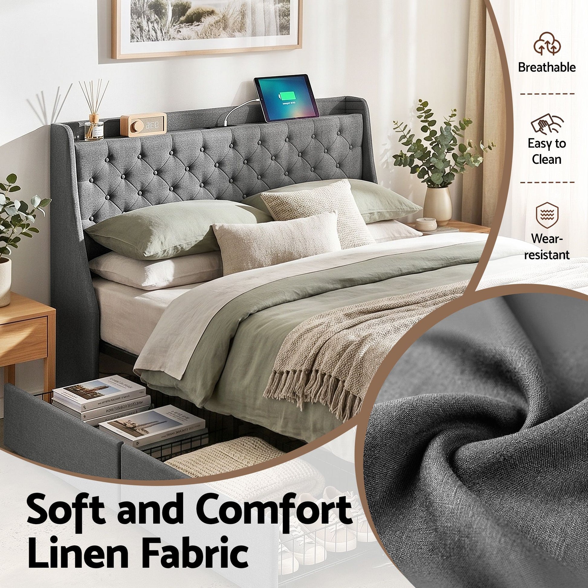 Artiss Queen Bed Frame with 4 Storage Drawers and Charging Station Tufted Wingback Headboard 300kg Loads BFRAME-J-CORTIS-Q-CA-AB