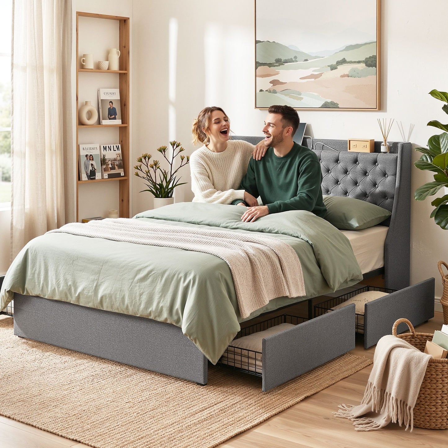 Artiss Queen Bed Frame with 4 Storage Drawers and Charging Station Tufted Wingback Headboard 300kg Loads BFRAME-J-CORTIS-Q-CA-AB