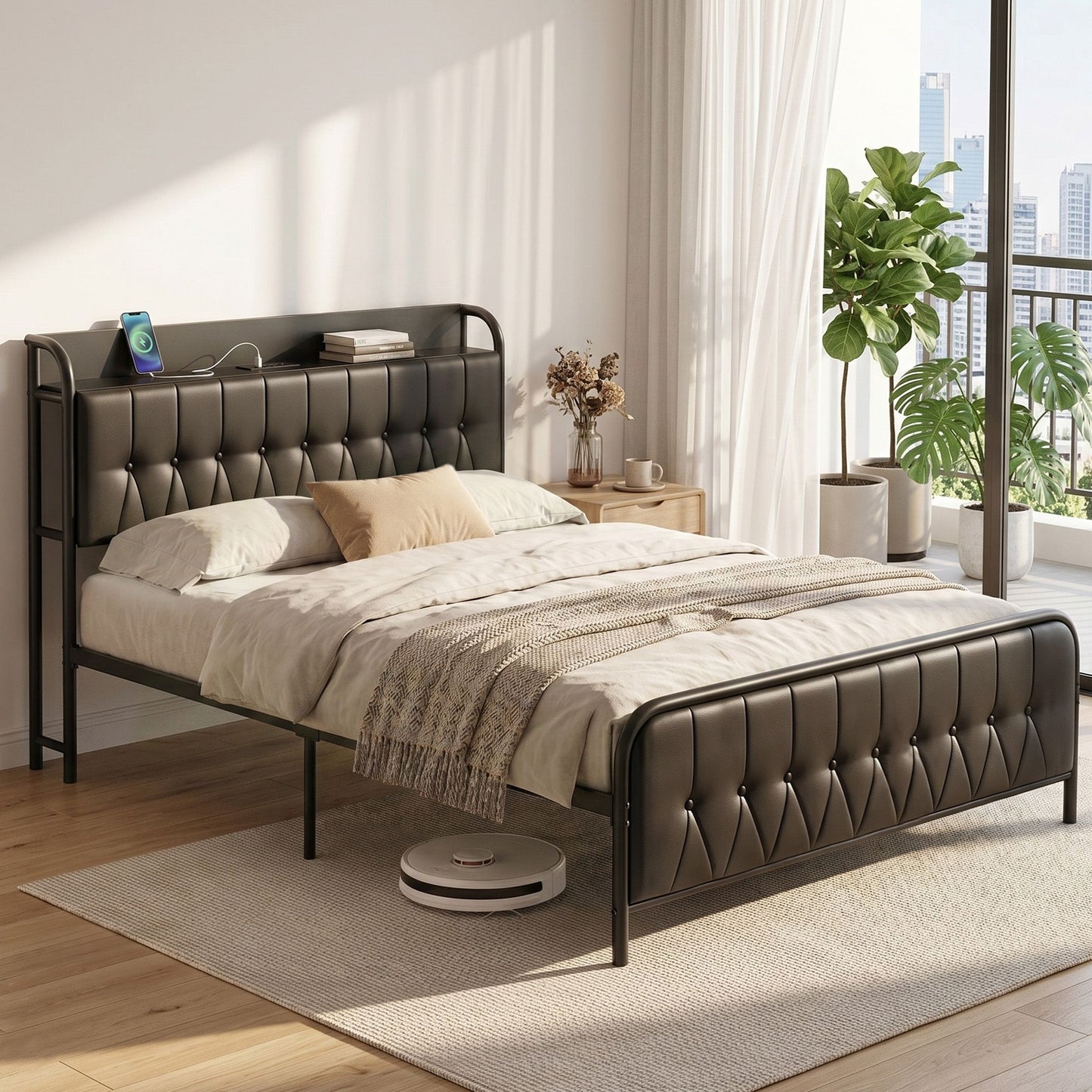 Artiss Double Bed Frame with Storage Headboard SAA Certified Charging Station BFRAME-J-MARK-D-BK-AB