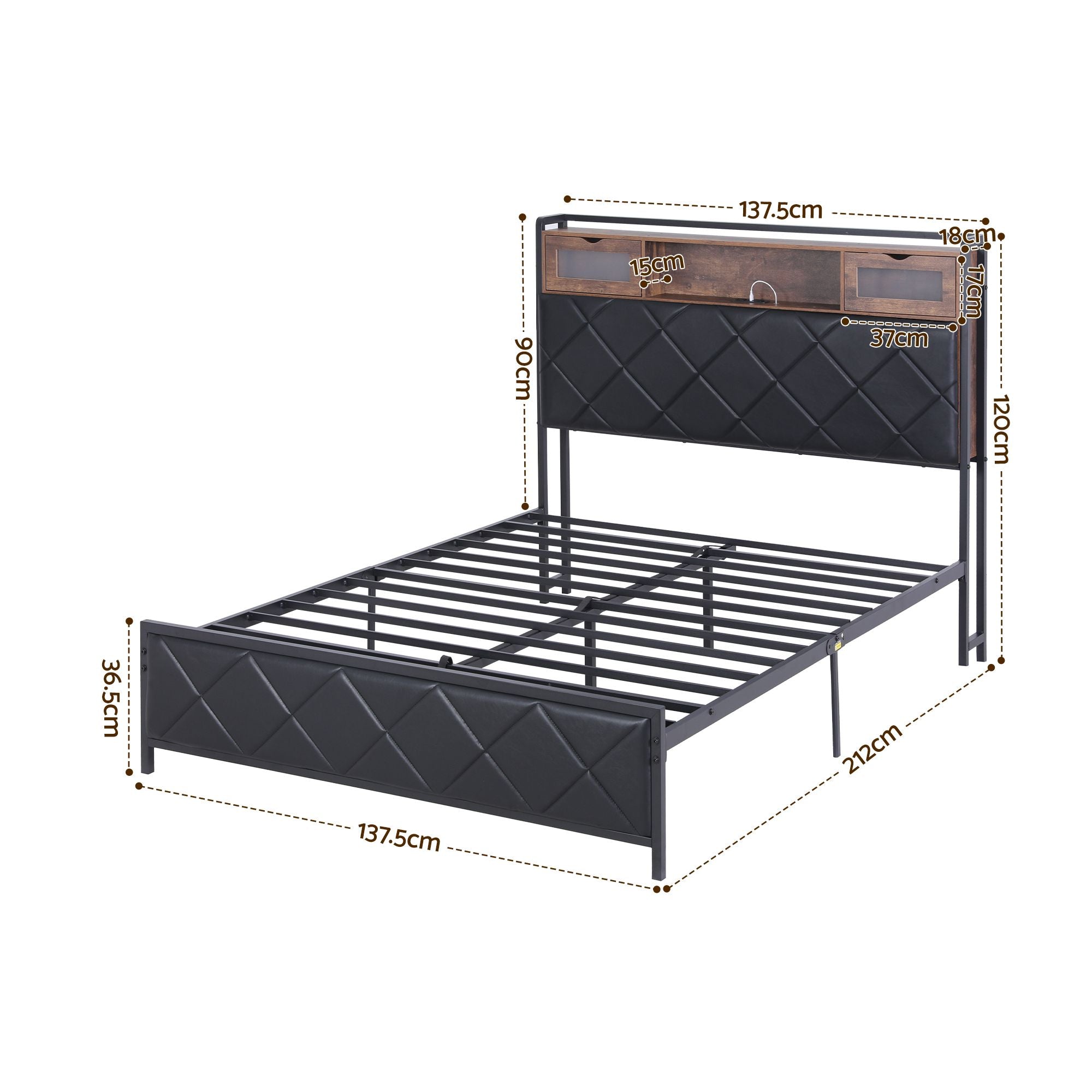 Artiss Double Bed Frame with LED Lights Storage Headboard 2 USB 2 AC Outlets Charging Station BFRAME-J-MEL-D-BK-AB