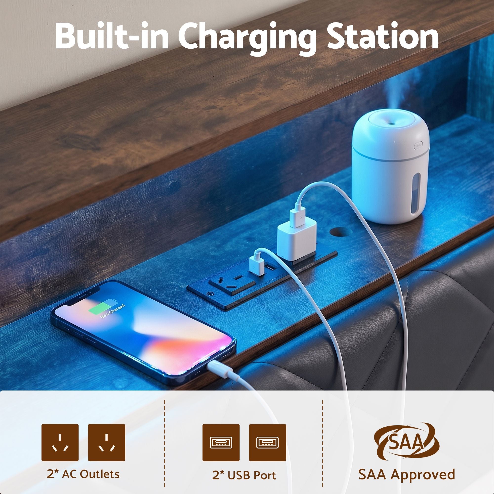 Artiss Double Bed Frame with LED Lights Storage Headboard 2 USB 2 AC Outlets Charging Station BFRAME-J-MEL-D-BK-AB