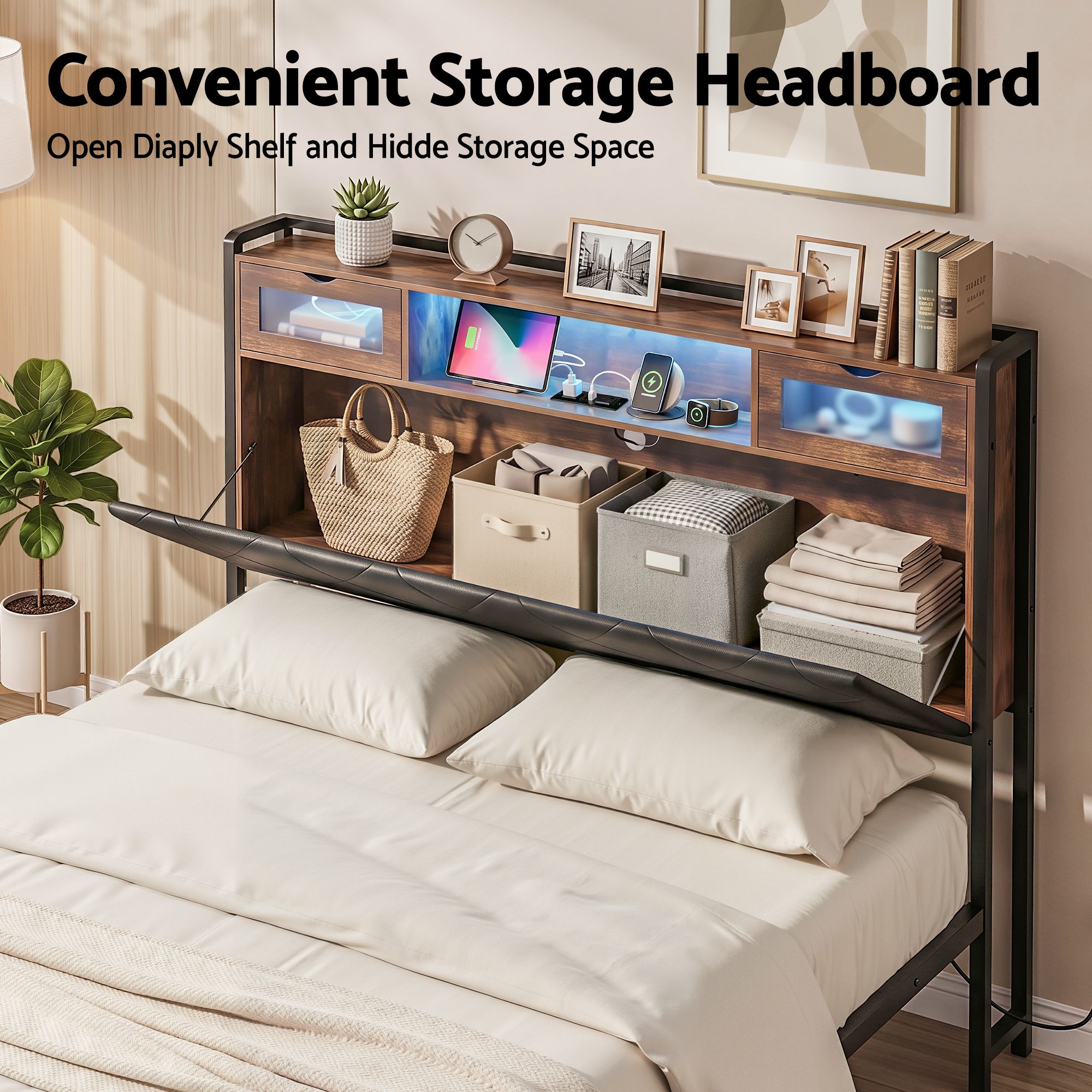 Artiss Double Bed Frame with LED Lights Storage Headboard 2 USB 2 AC Outlets Charging Station BFRAME-J-MEL-D-BK-AB