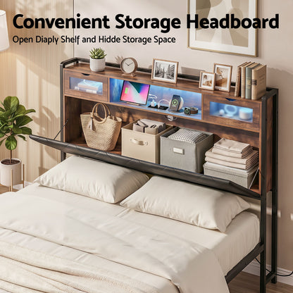 Artiss Double Bed Frame with LED Lights Storage Headboard 2 USB 2 AC Outlets Charging Station BFRAME-J-MEL-D-BK-AB