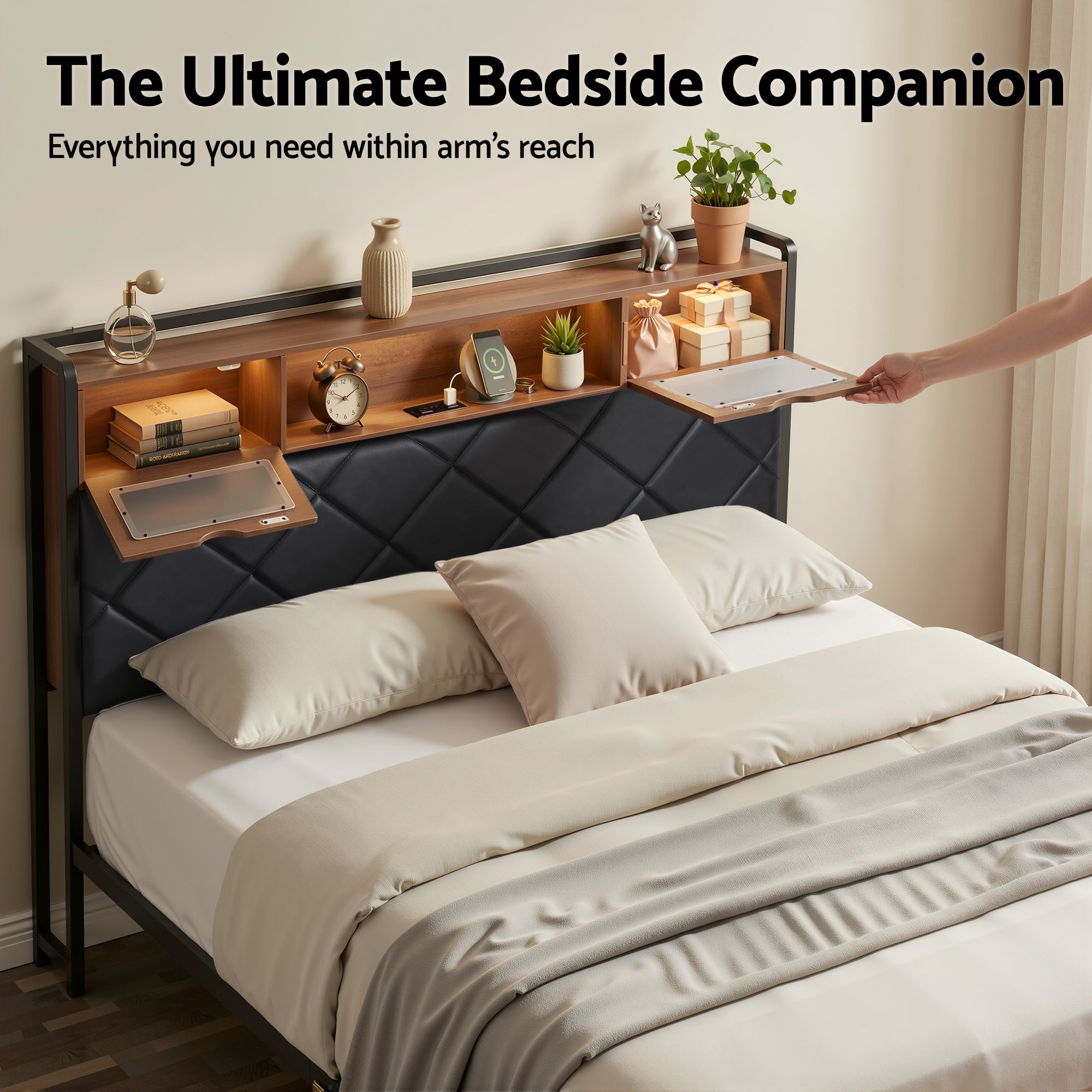 Artiss Double Bed Frame with LED Lights Storage Headboard 2 USB 2 AC Outlets Charging Station BFRAME-J-MEL-D-BK-AB