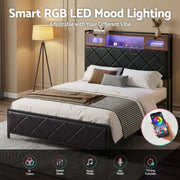 Artiss Double Bed Frame with LED Lights Storage Headboard 2 USB 2 AC Outlets Charging Station BFRAME-J-MEL-D-BK-AB