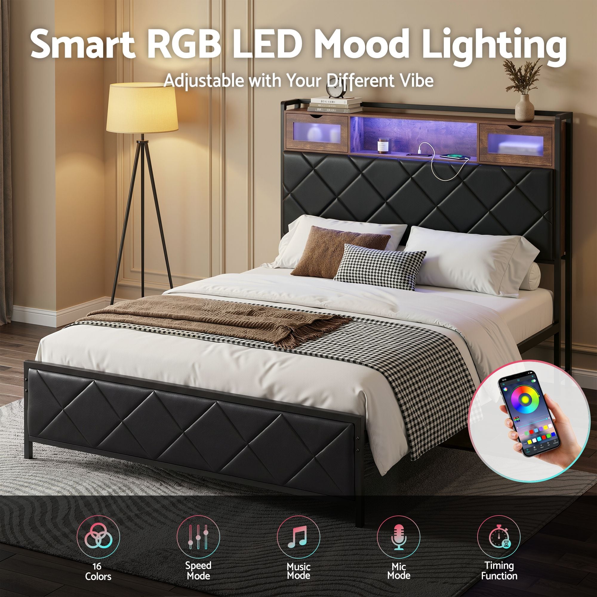 Artiss Double Bed Frame with LED Lights Storage Headboard 2 USB 2 AC Outlets Charging Station BFRAME-J-MEL-D-BK-AB