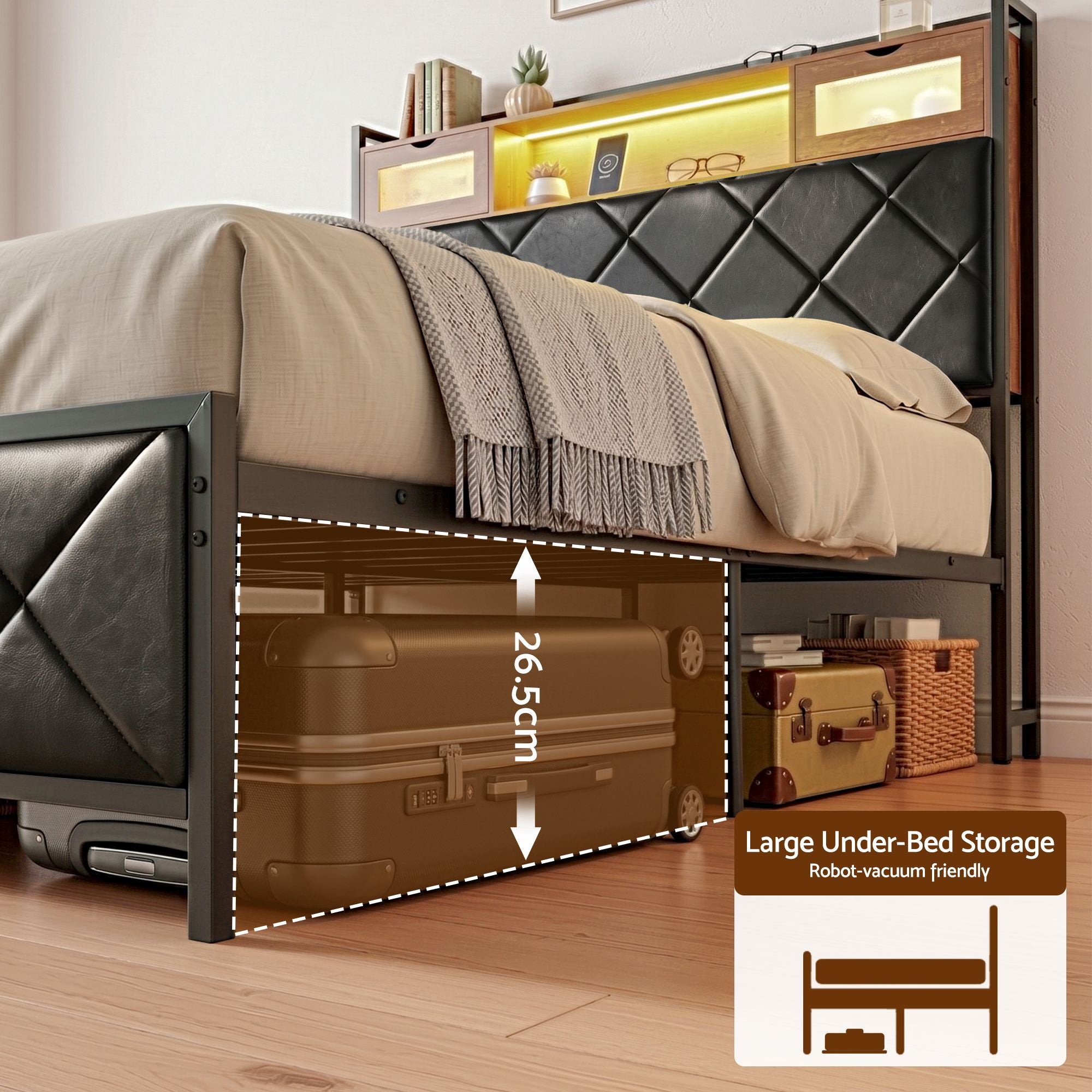 Artiss Double Bed Frame with LED Lights Storage Headboard 2 USB 2 AC Outlets Charging Station BFRAME-J-MEL-D-BK-AB