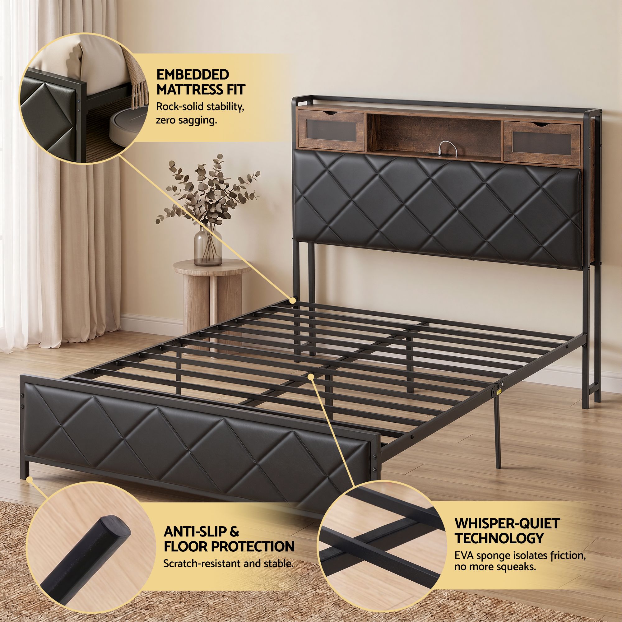 Artiss Double Bed Frame with LED Lights Storage Headboard 2 USB 2 AC Outlets Charging Station BFRAME-J-MEL-D-BK-AB