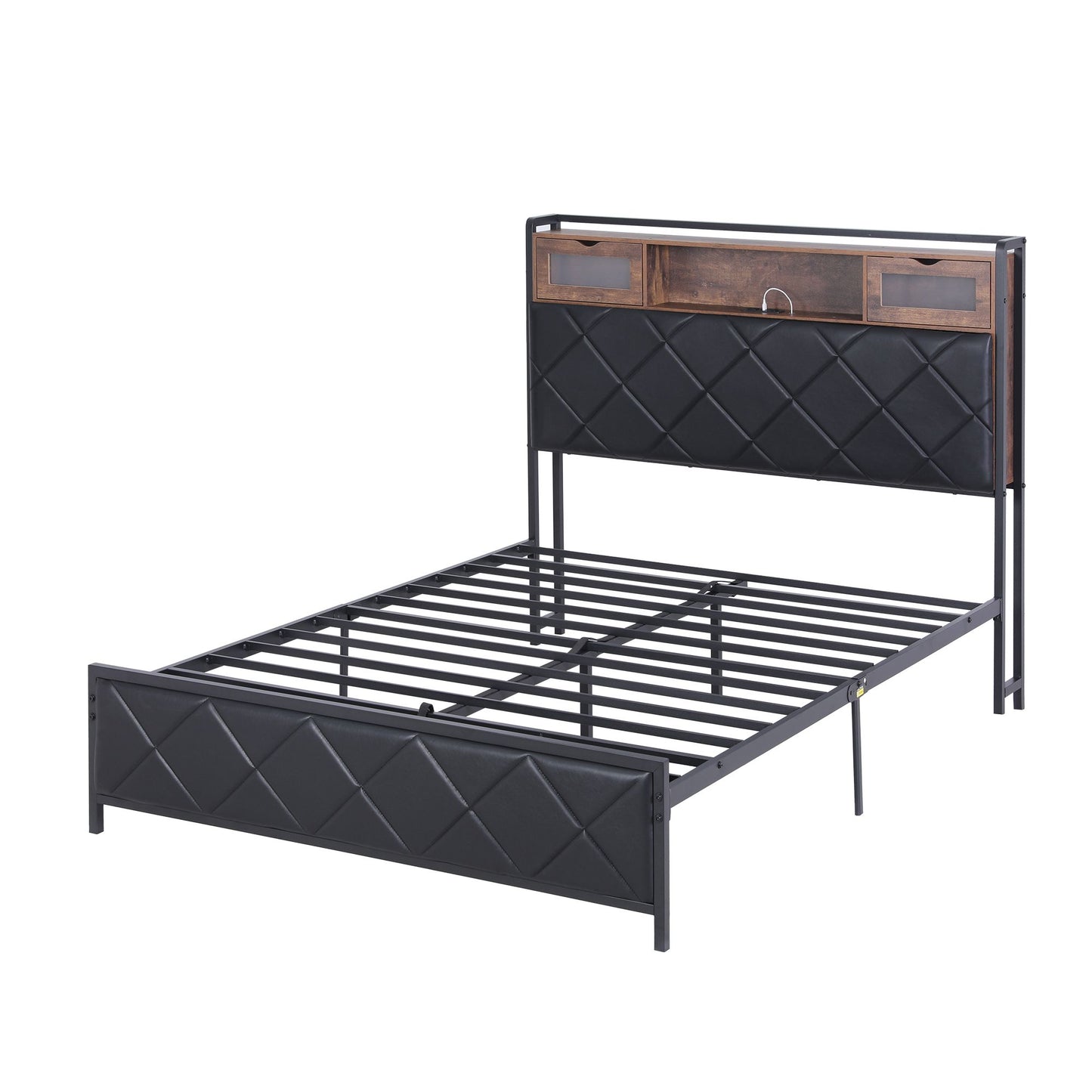 Artiss Double Bed Frame with LED Lights Storage Headboard 2 USB 2 AC Outlets Charging Station BFRAME-J-MEL-D-BK-AB