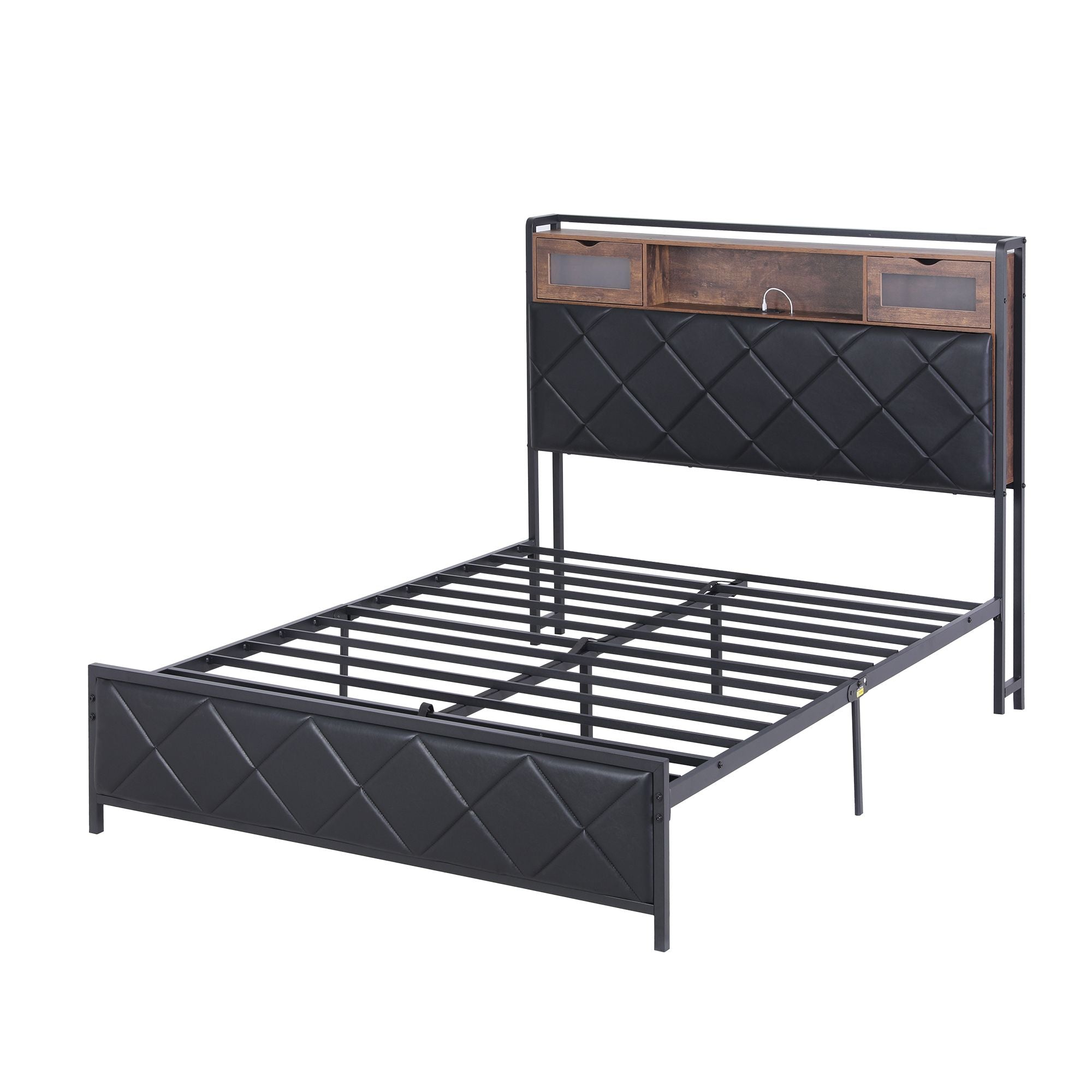 Artiss Double Bed Frame with LED Lights Storage Headboard 2 USB 2 AC Outlets Charging Station BFRAME-J-MEL-D-BK-AB