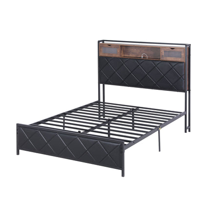 Artiss Double Bed Frame with LED Lights Storage Headboard 2 USB 2 AC Outlets Charging Station BFRAME-J-MEL-D-BK-AB